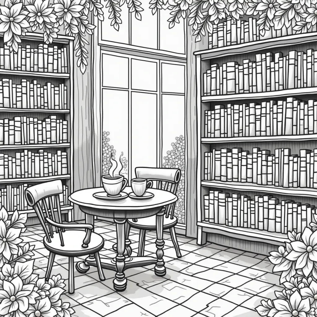 Black-and-white line art of a cozy home library reading nook with tall bookshelves, a round table with two chairs and steaming tea, framed by spring flowers; ideal for detailed coloring page in a