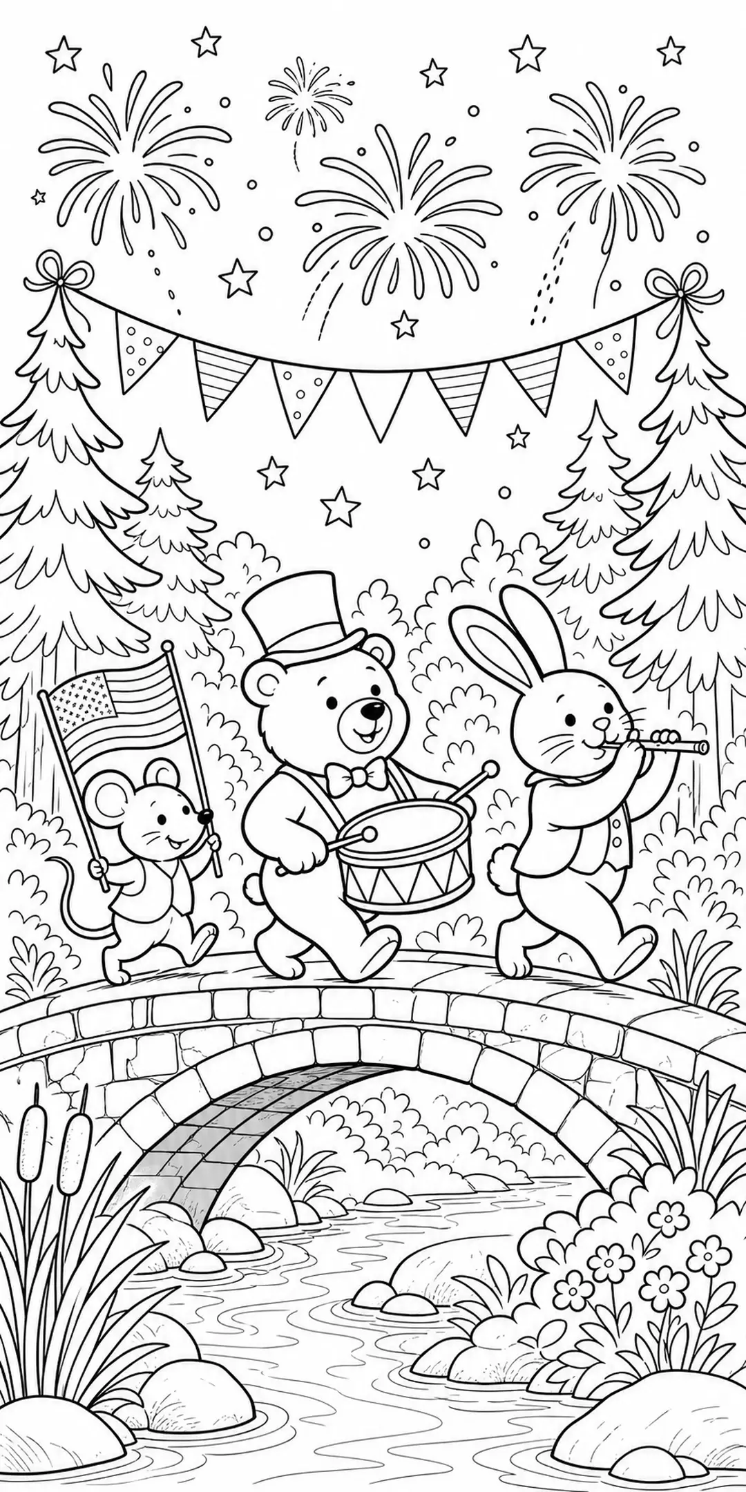 A coloring page shows a bear, rabbit, and mouse marching in a parade with fireworks, banners, and a bridge over a stream.