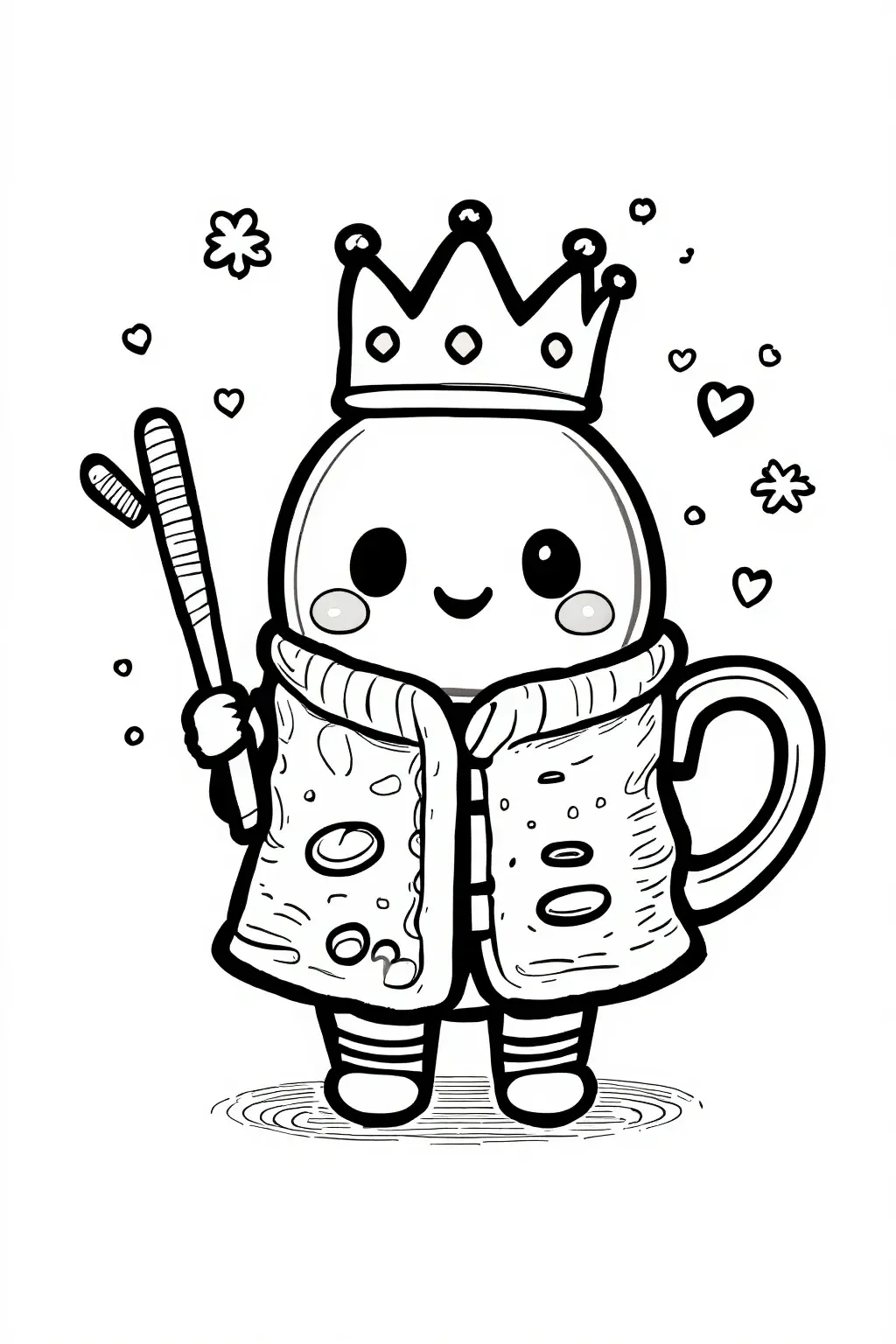 Black and white coloring page of cute smiling crowned character wearing a scarf and holding a mug, surrounded by small hearts and decorative shapes