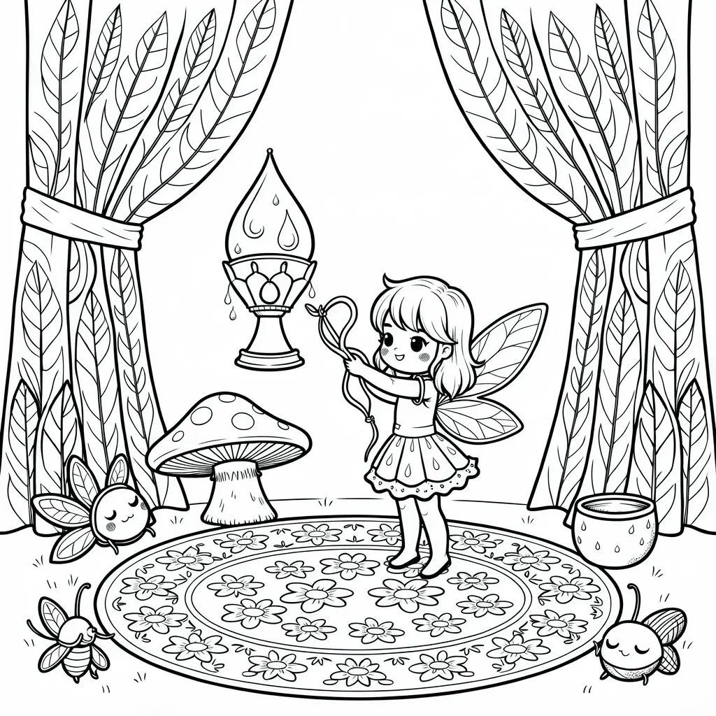 Black and white coloring page of cute fairy standing in a magical room with a mushroom, hanging lantern, leaf curtains, a flower rug, and small insects around her