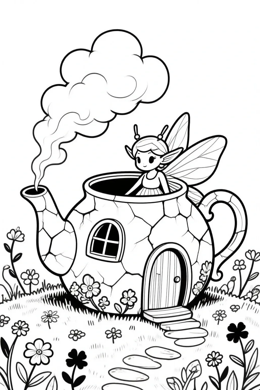 Black and white coloring page of cute fairy standing inside a teapot-shaped house with flowers and a smoke puff rising from the spout