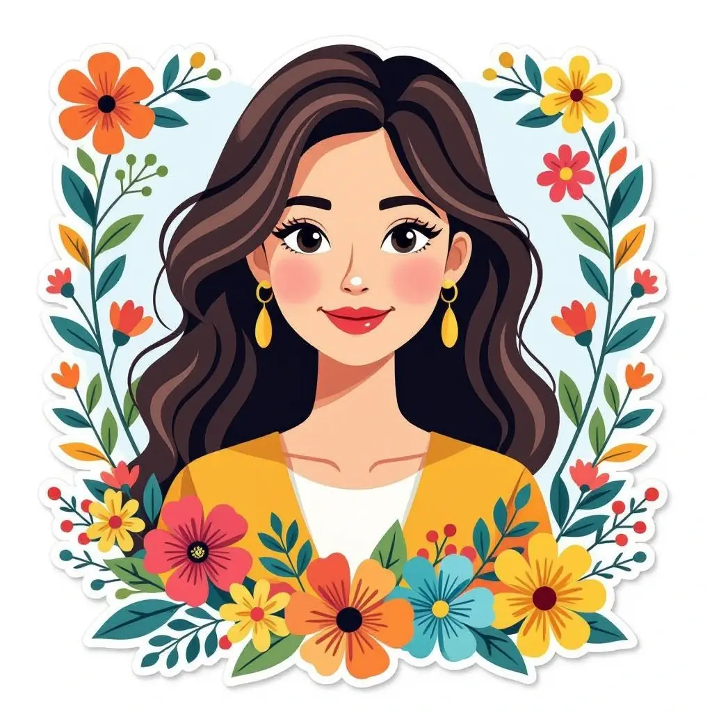 Black and white coloring page of cute girl portrait surrounded by colorful flowers and leaves in a decorative floral frame
