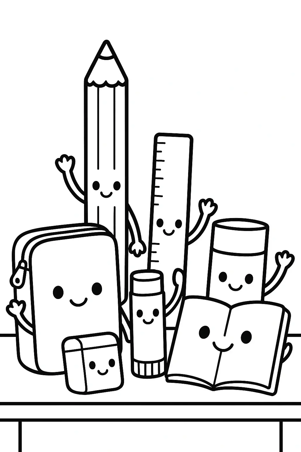 Black and white coloring page of cute kawaii school supplies with smiling faces, including a pencil, ruler, eraser, marker, notebook, and pencil case