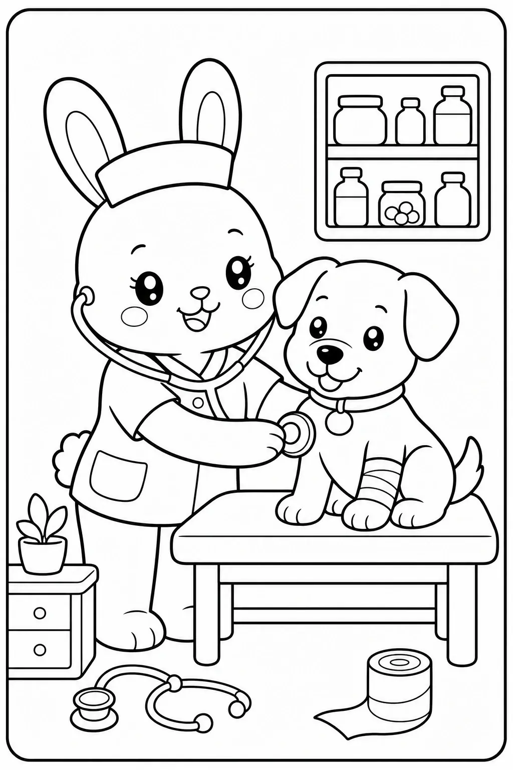 Black and white coloring page of cute kawaii rabbit veterinarian examining a smiling dog in a clinic, with medical shelves, a stethoscope, and bandage supplies