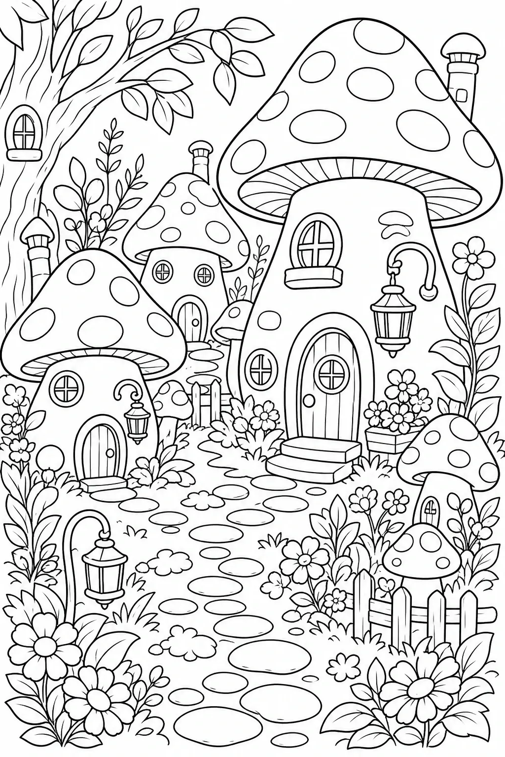 Black-and-white coloring page of a whimsical mushroom village with mushroom houses, a winding path, flowers, lanterns, and trees.