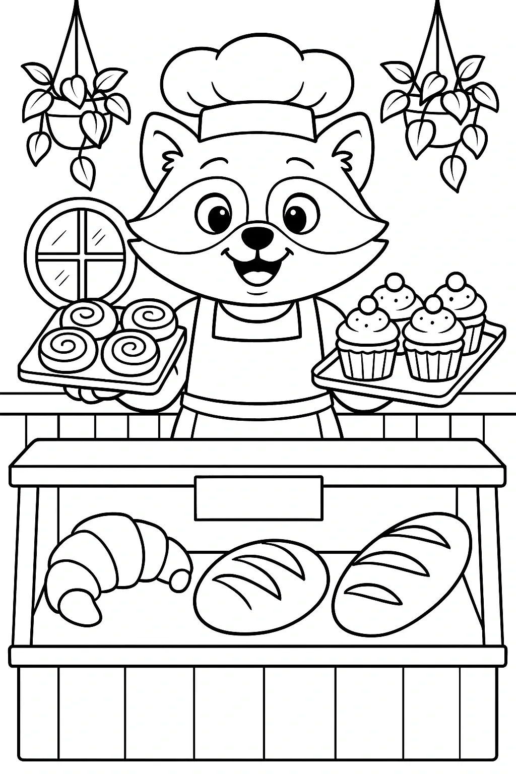 Cute raccoon baker holding trays of pastries and cupcakes in a bakery shop coloring page.