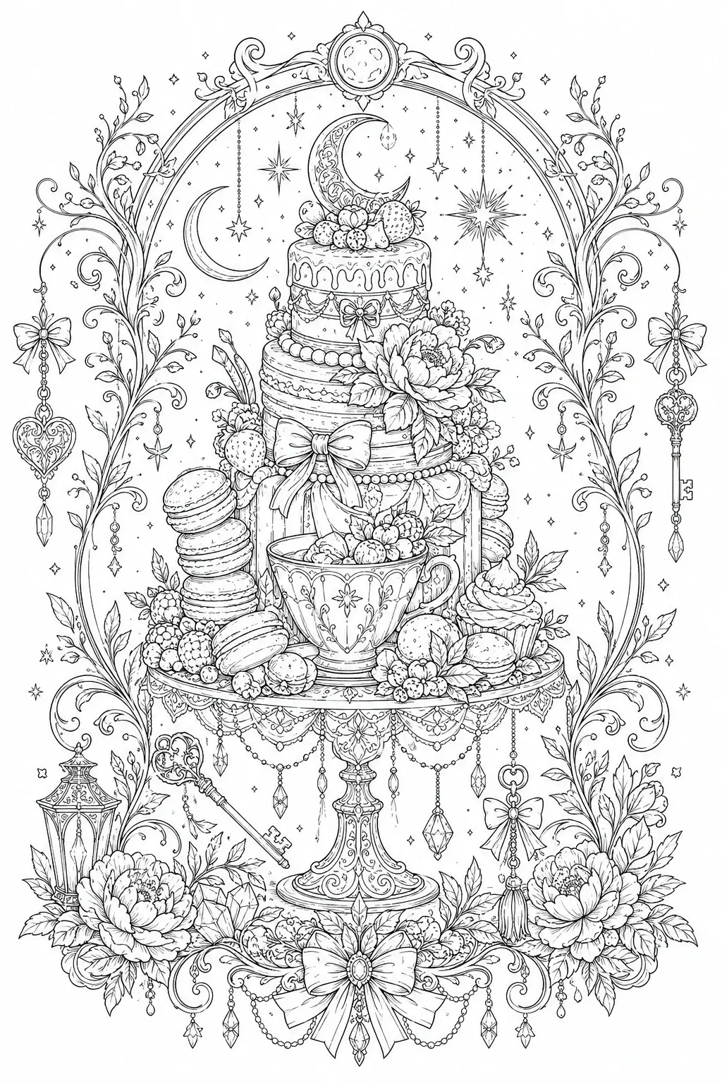 Intricate coloring page of a decorative dessert tower with a teacup, cakes, macarons, flowers, moons, stars, and ornate floral borders.