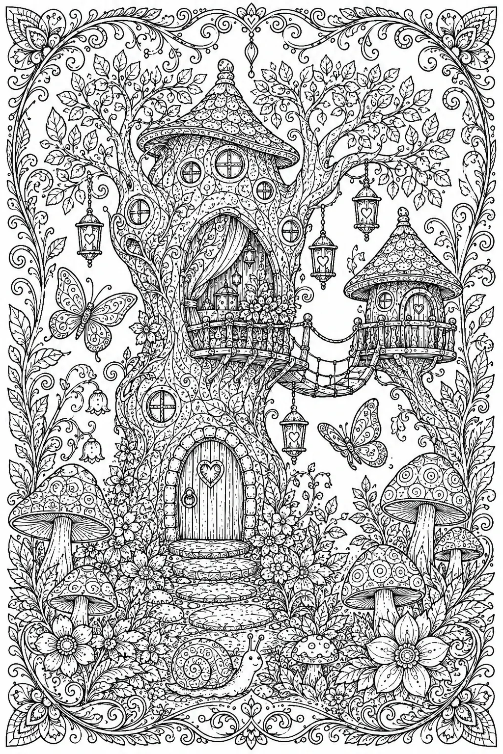 A whimsical fairy house coloring page shows a treehouse with mushrooms, butterflies, a snail, and a decorative floral border.