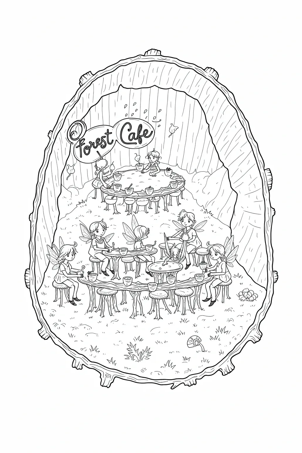 A whimsical coloring page of fairies sitting at tables inside a forest cafe built in a hollow tree.