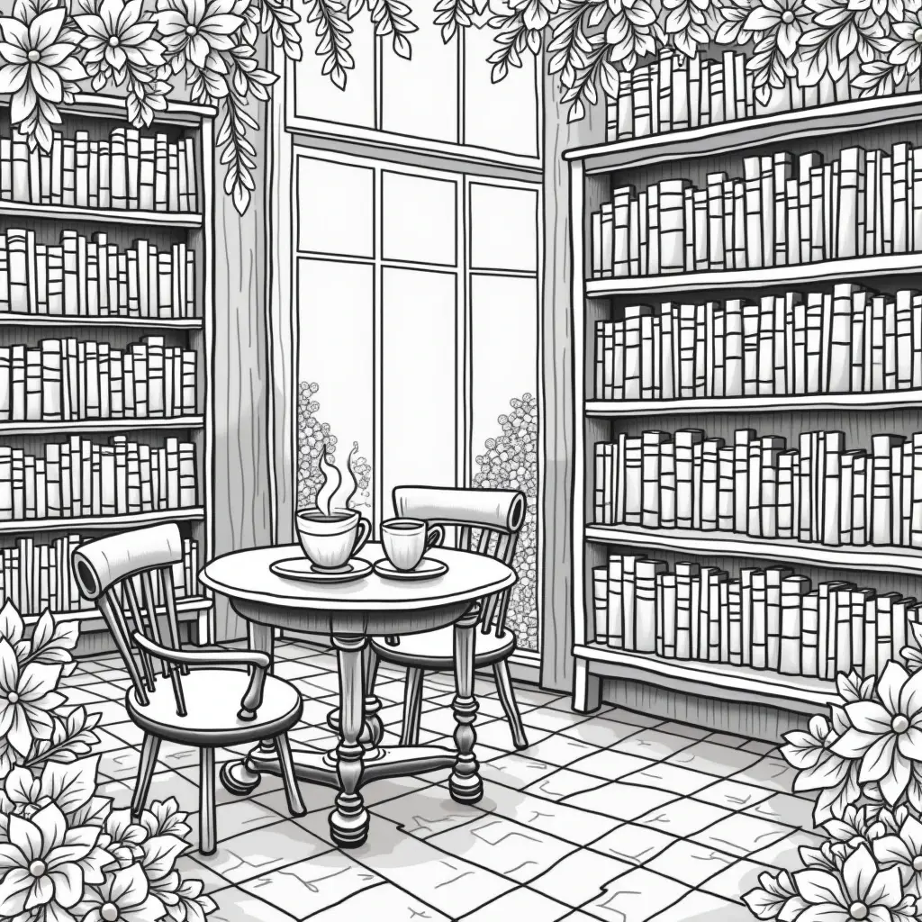Black-and-white coloring page of a cozy library coffee nook: two chairs and a round table with steaming mugs, tall bookshelves, large window, and floral border. Part of a printable coloring page