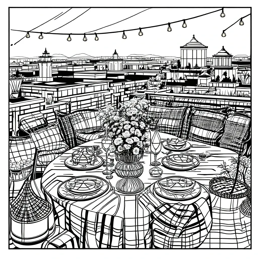 Black-and-white rooftop dinner scene with table settings, cushions, string lights and flowers detailed coloring page, kids' coloring page, printable coloring page, coloring sheets, summer coloring