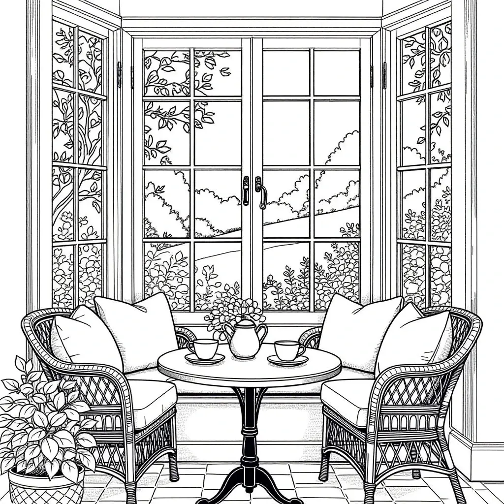 Black-and-white cozy window nook coloring page with wicker chairs, table, teacups, potted plant, and a leafy landscape outside detailed coloring page, kids' coloring page, printable coloring page