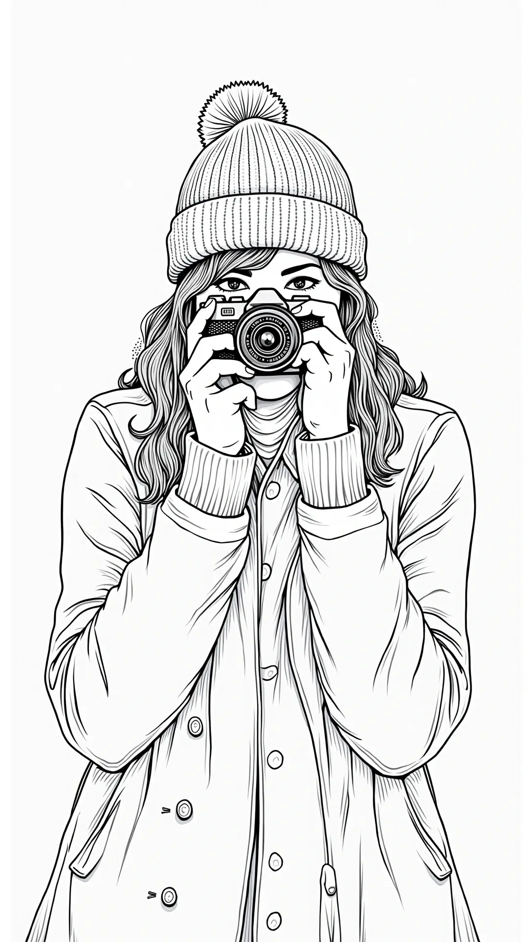 Black-and-white line art of a girl wearing a beanie and coat holding a camera up to her face, perfect for detailed coloring page, kids' coloring page, printable coloring page and coloring sheets.
