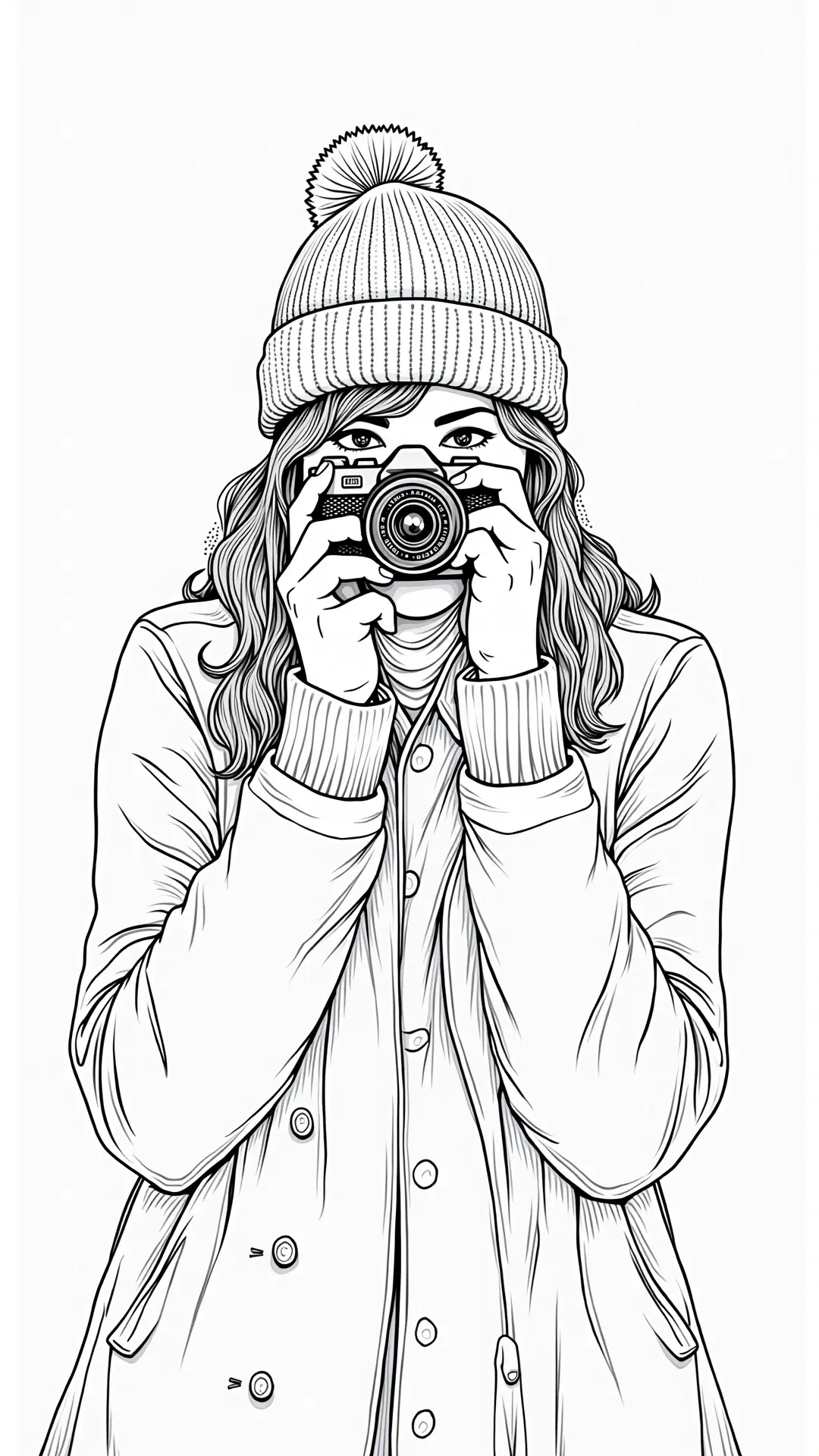 Black-and-white line art of a person in a winter beanie and coat holding a camera up to their face; perfect for people coloring page in a winter theme. Great for adult coloring page and kids' coloring