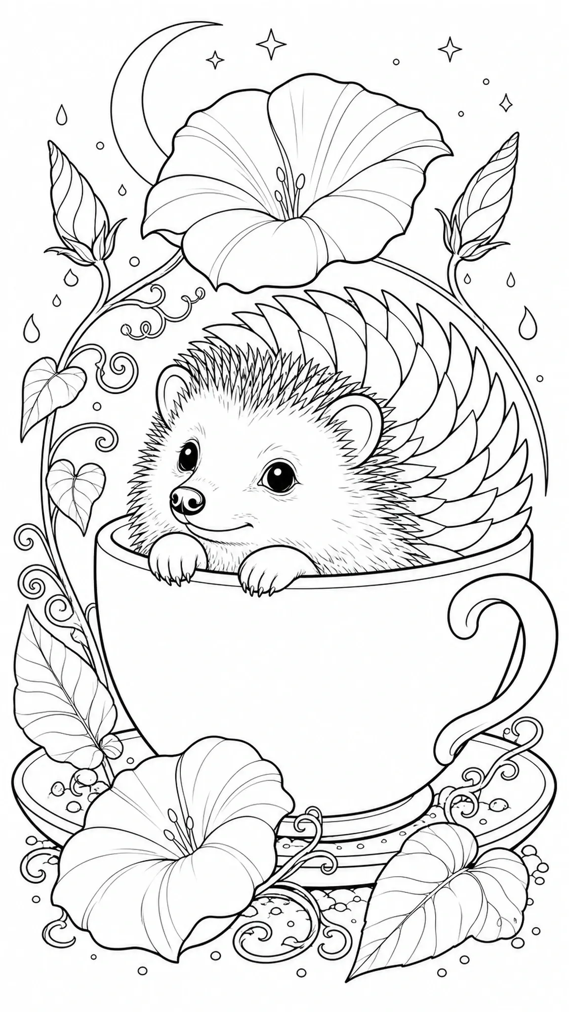 A cute hedgehog peeks out of a teacup surrounded by flowers, stars, and a crescent moon coloring page.