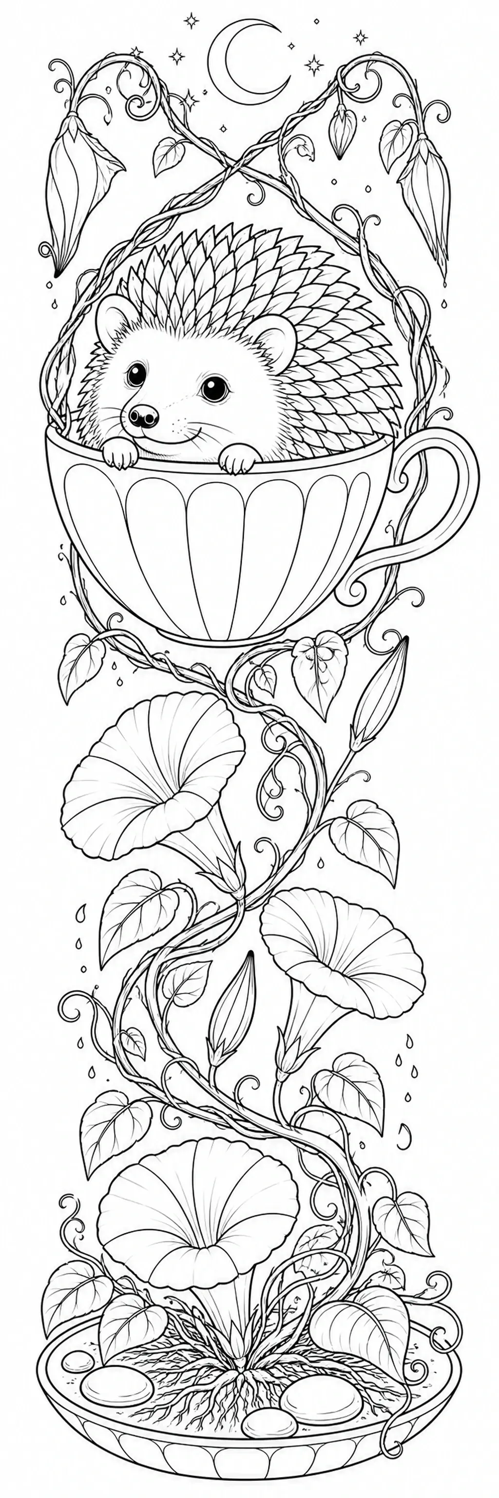 A cute hedgehog peeks out of a teacup coloring page with curling vines, flowers, and a crescent moon.
