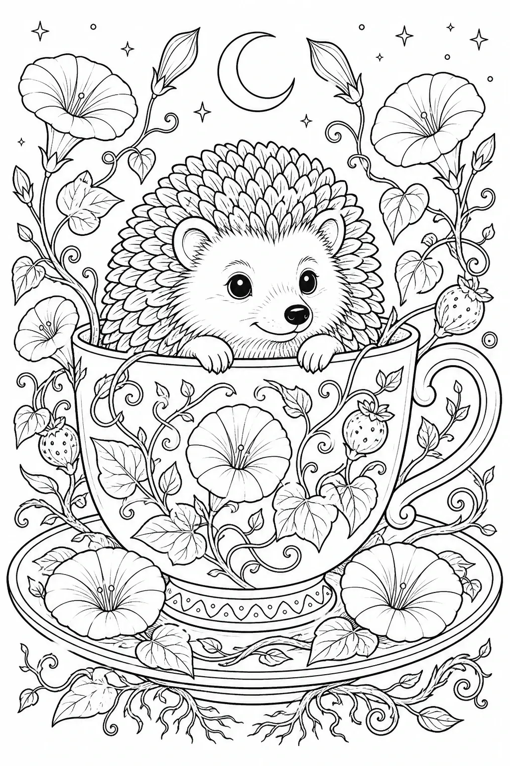 A cute hedgehog peeks out of a teacup coloring page with flowers, vines, and a crescent moon above.