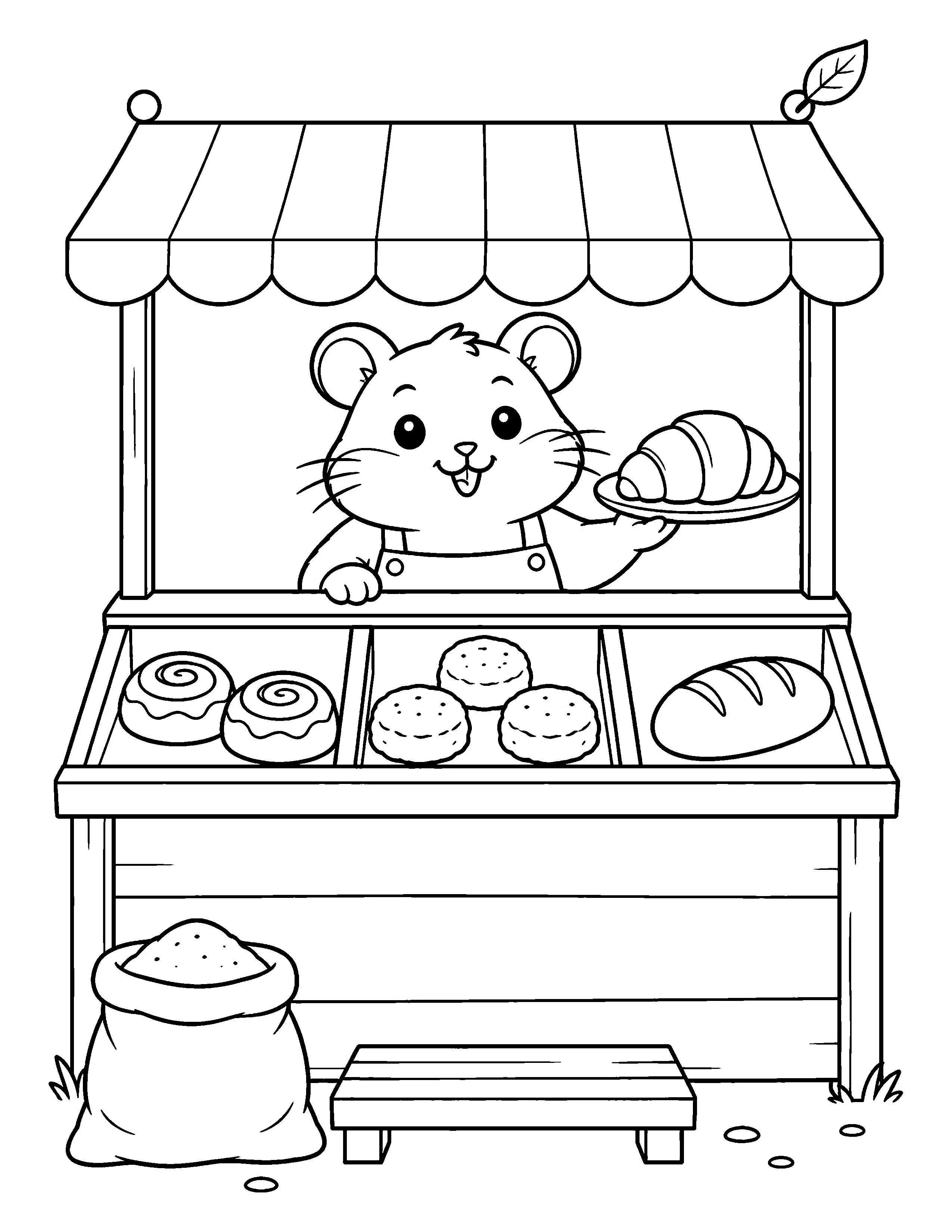 A smiling mouse in overalls serves a croissant at a bakery stall stocked with rolls, pastries, and a flour sack in this coloring page.