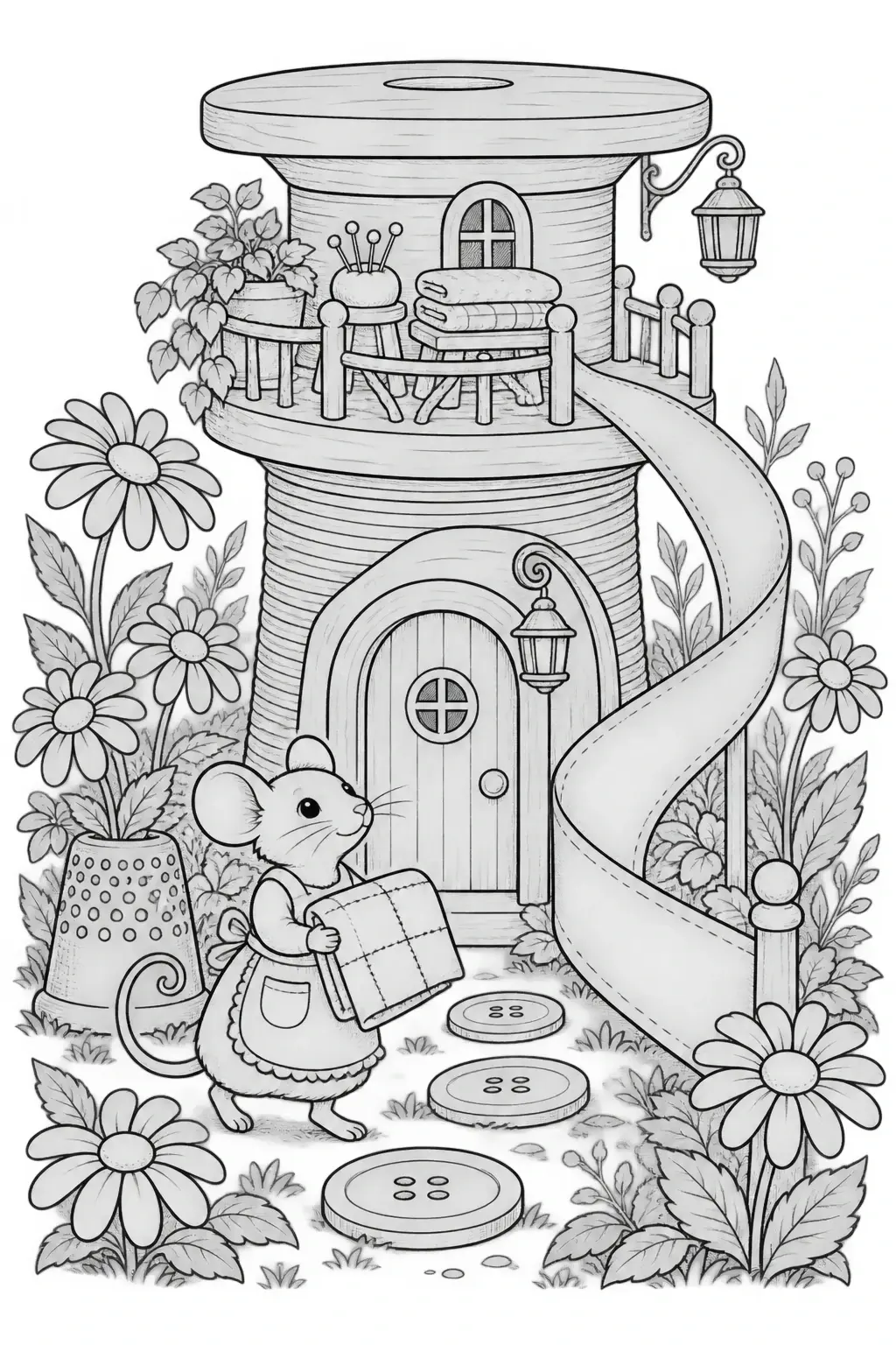 A mouse carrying folded fabric stands outside a tiny tailor house coloring page with flowers, buttons, and lanterns.