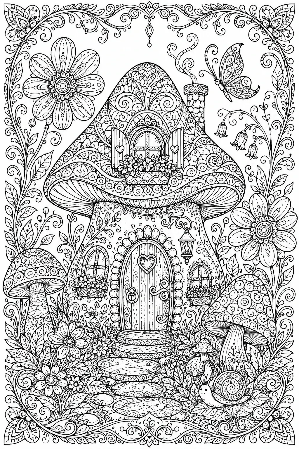A detailed coloring page of a mushroom cottage surrounded by flowers, a butterfly, and garden swirls in black-and-white.