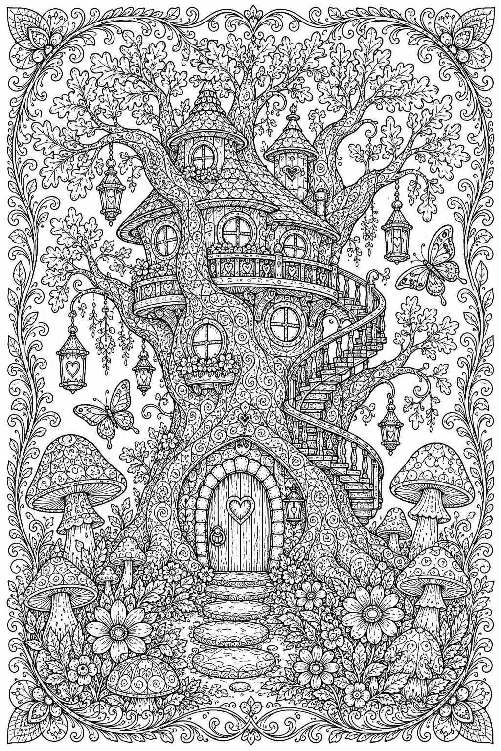 An oak treehouse coloring page with a spiral staircase, butterflies, lanterns, flowers, and mushrooms in black-and-white line art.