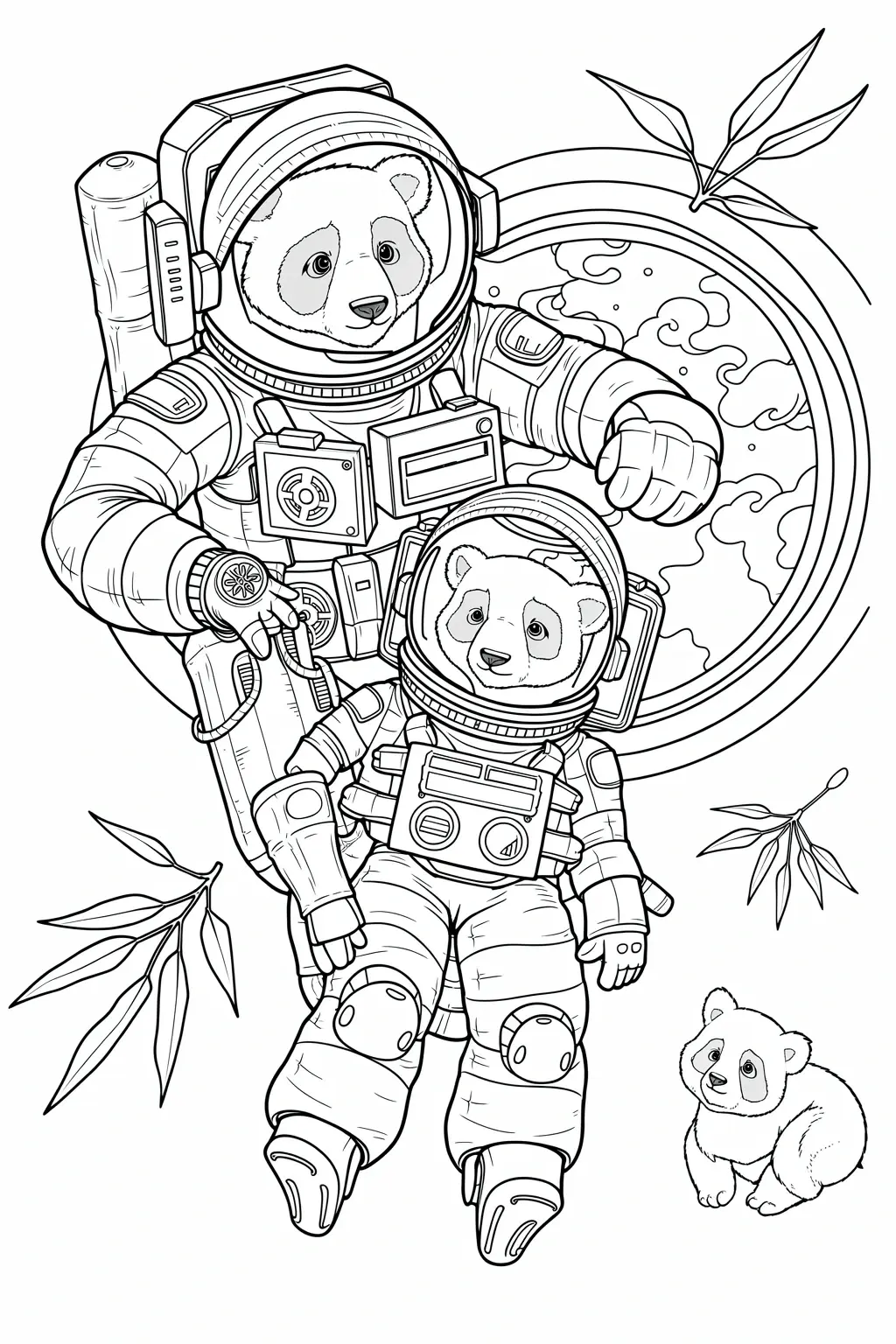 Black and white coloring page of two cute pandas in astronaut suits floating in space, with a small panda cub and decorative leaves around them