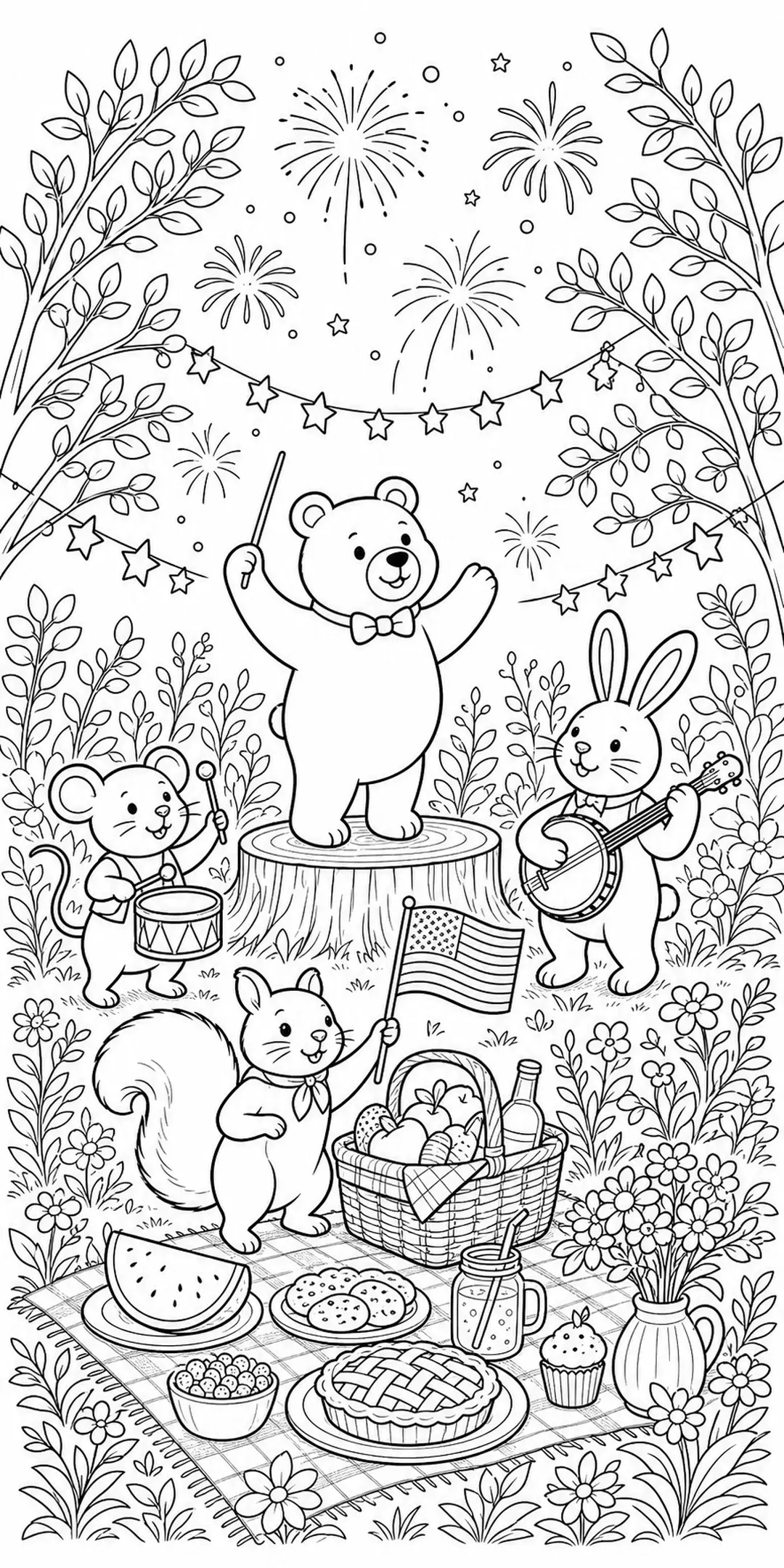 A black-and-white coloring page shows a bear conducting a picnic party with a bunny, mouse, and squirrel under fireworks and star garlands.