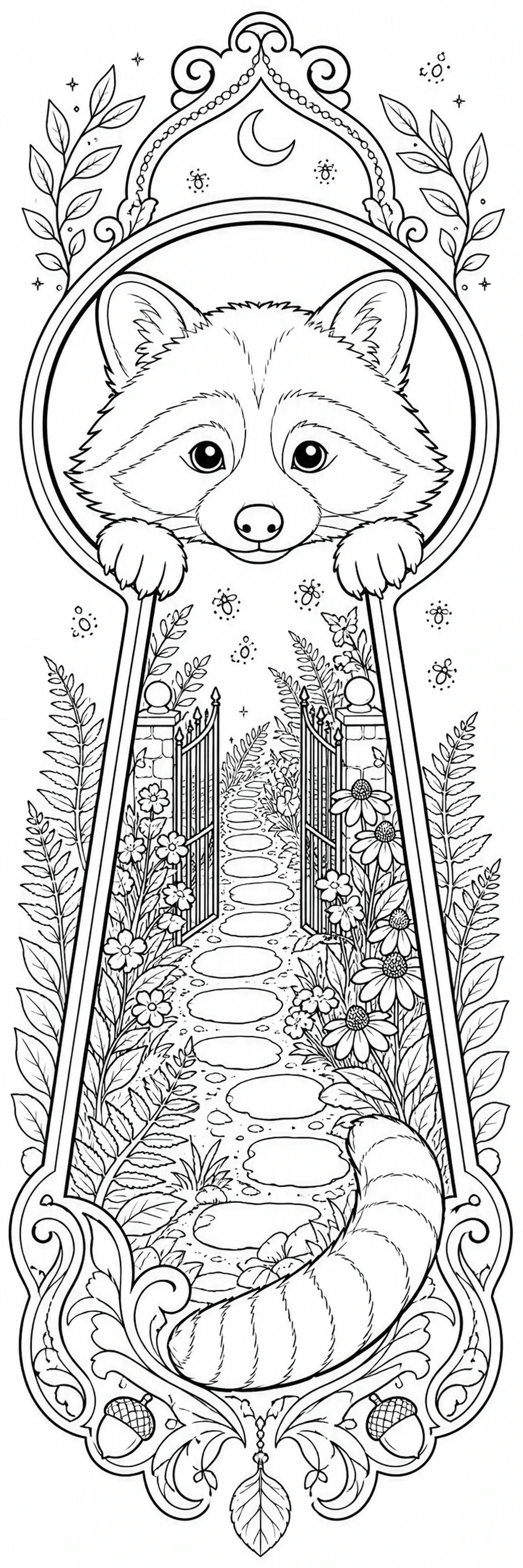 A raccoon peeks over an ornate frame with a garden path, flowers, leaves, and a crescent moon in a coloring page.