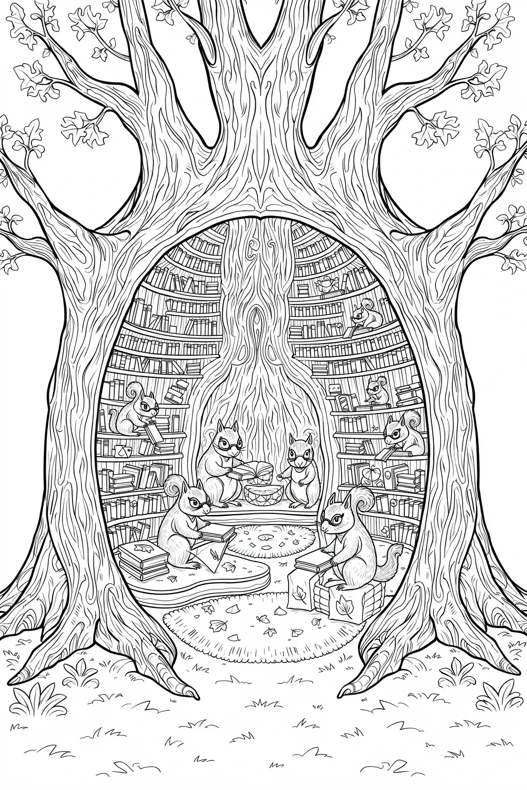 Detailed coloring page of several squirrels reading books inside a tree-shaped library with shelves of books and large tree trunks.