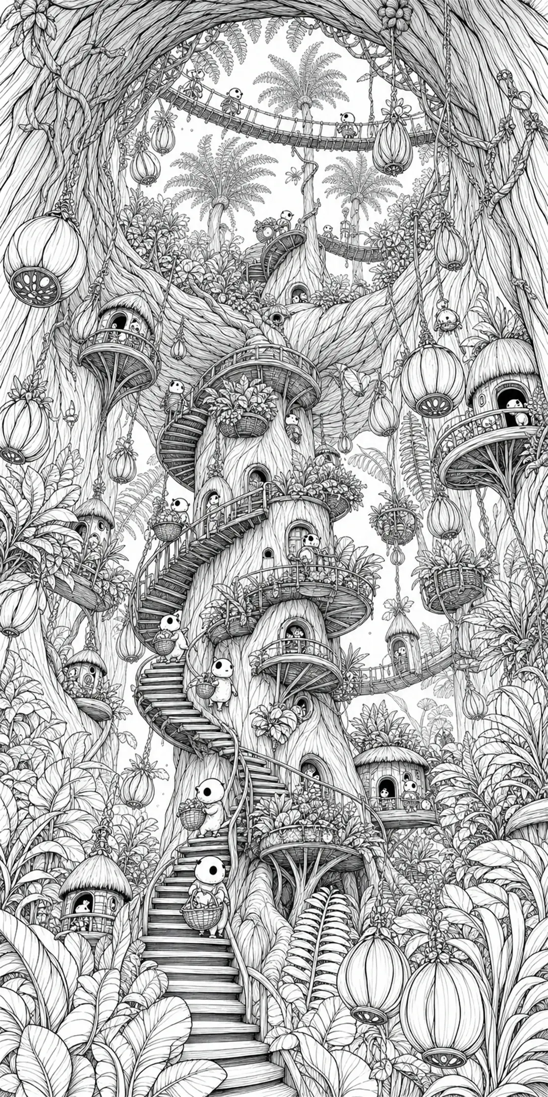 A black-and-white coloring page of a fantasy tree village with tiny creatures, bridges, stairways, and hanging lanterns.