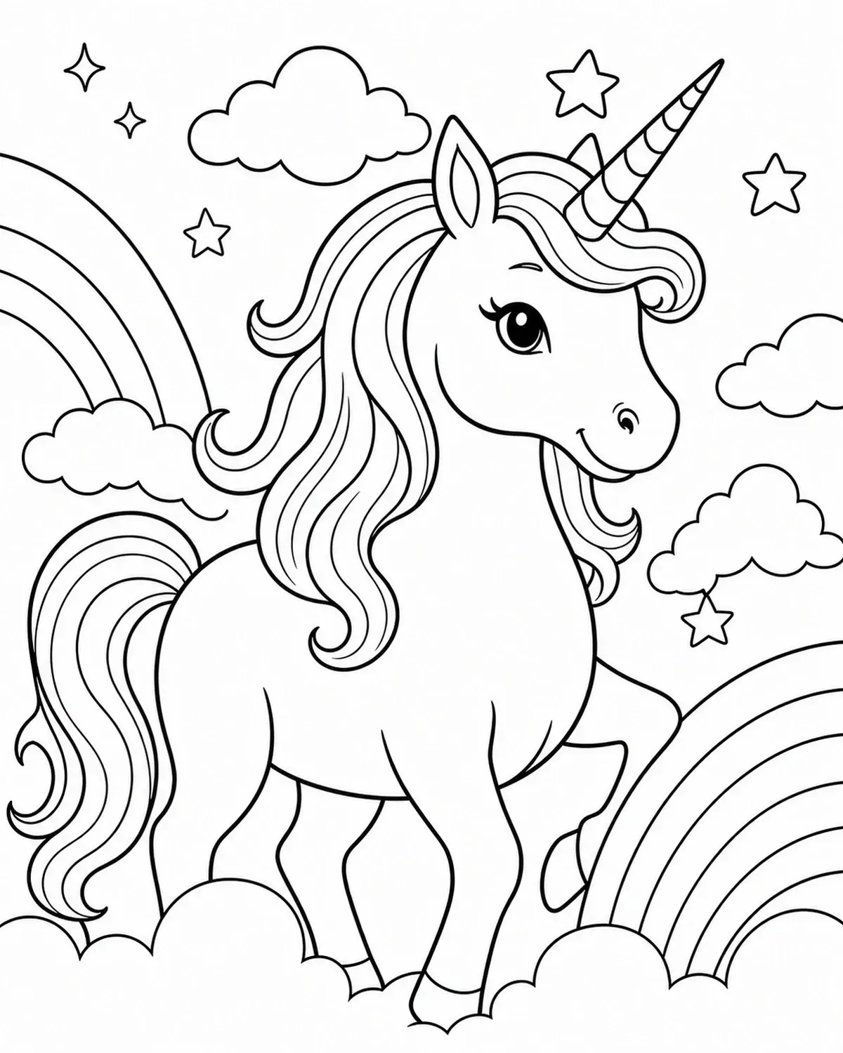 A cute unicorn coloring page with a rainbow, clouds, and stars in black-and-white line art.