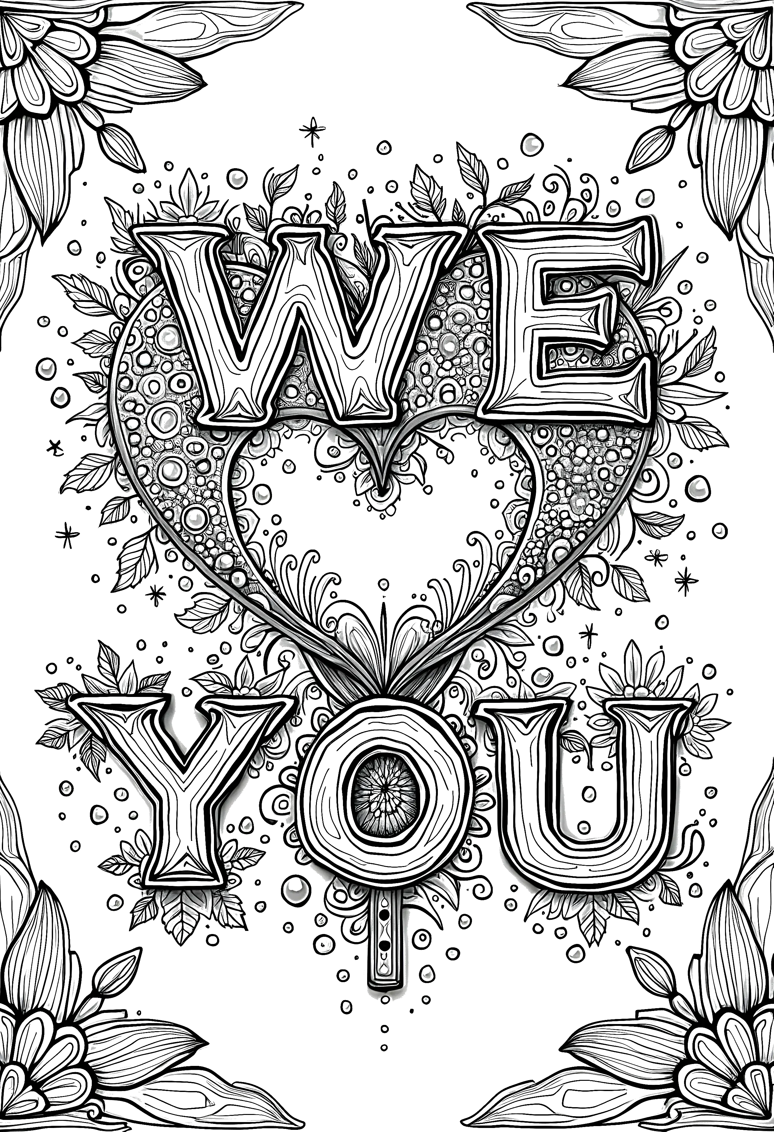 Ornate coloring page with the words We Love You inside a heart made of decorative floral patterns and surrounded by flowers and leaves.