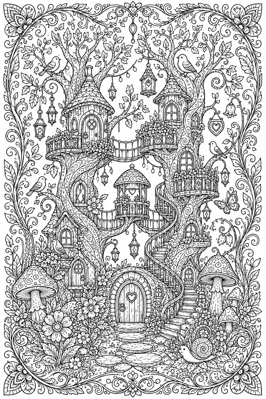 A whimsical treehouse village with birds, mushrooms, flowers, and lanterns in a coloring page.