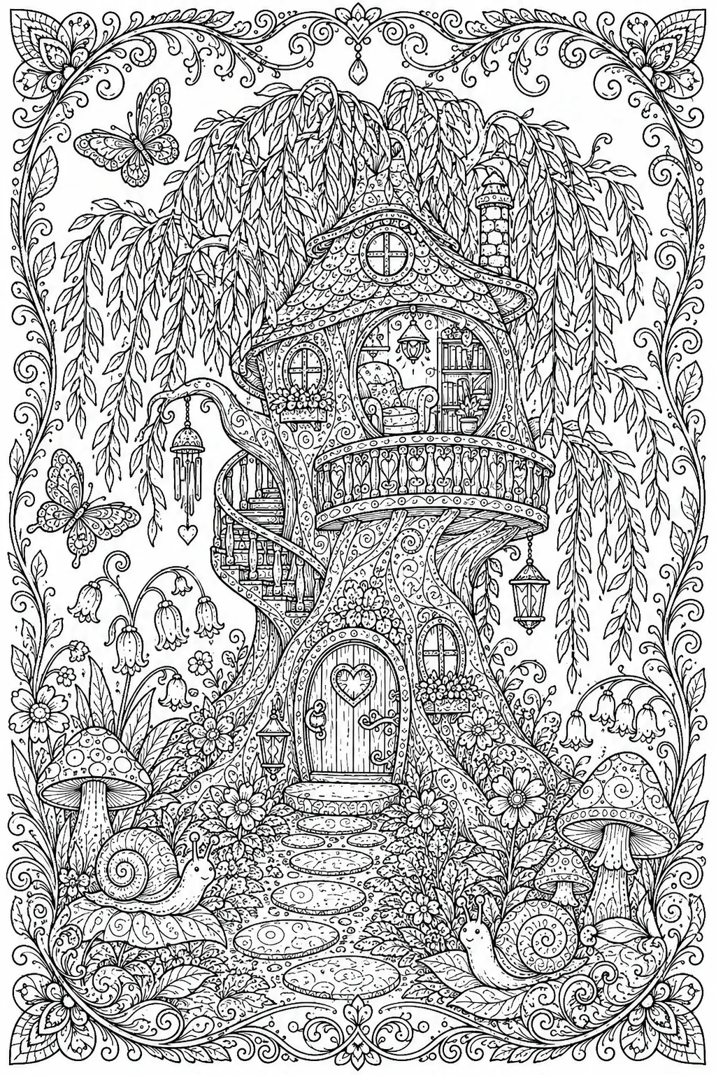 A coloring page of a whimsical fairy house built in a tree, surrounded by butterflies, flowers, mushrooms, and snails.