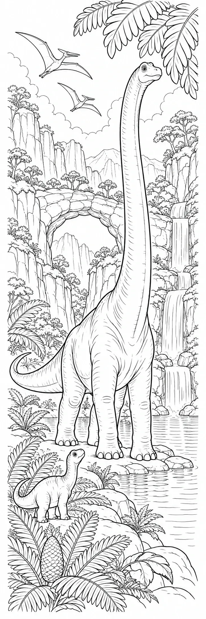 A brachiosaurus coloring page shows a long-necked dinosaur in a jungle scene with waterfalls and flying pterosaurs.