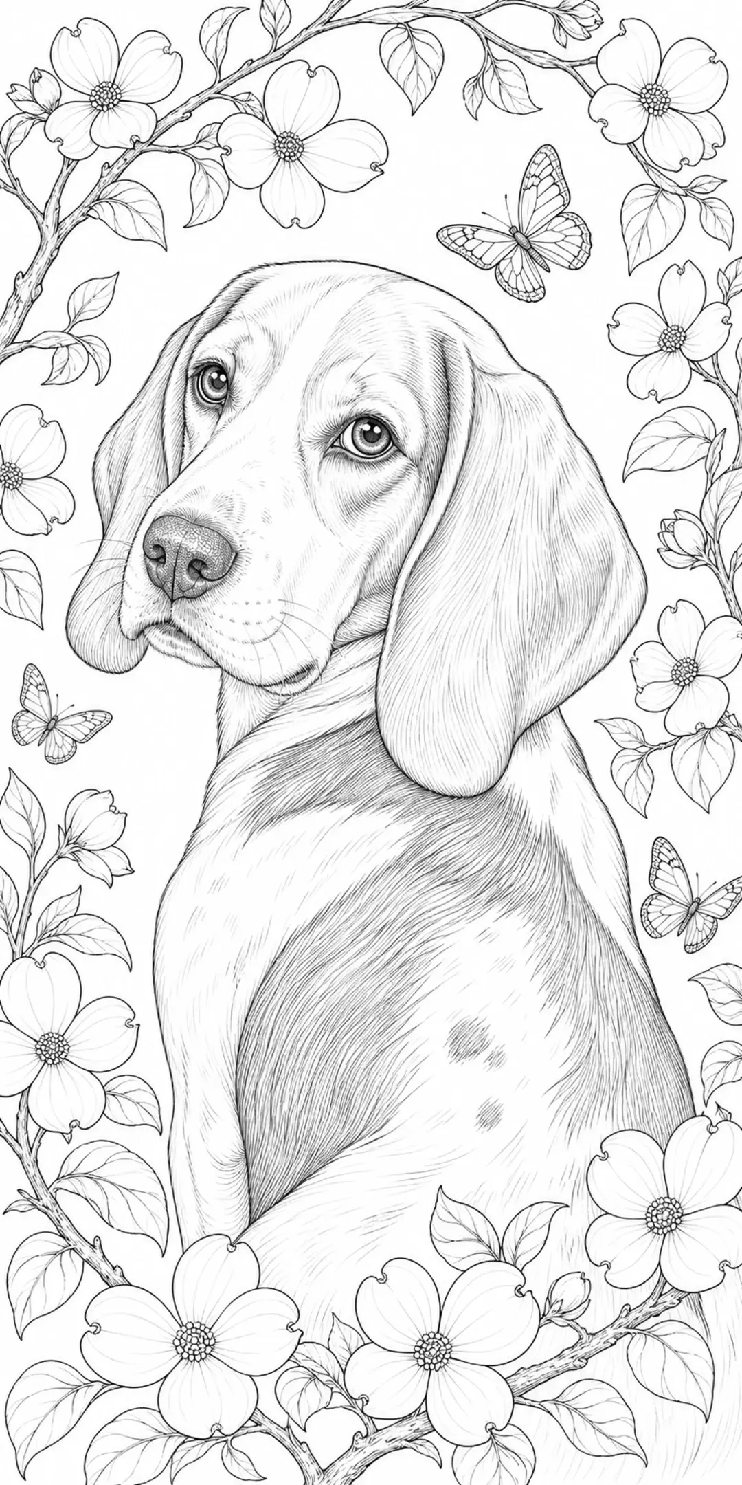 A basset hound coloring page framed by flowers and butterflies in black-and-white line art.