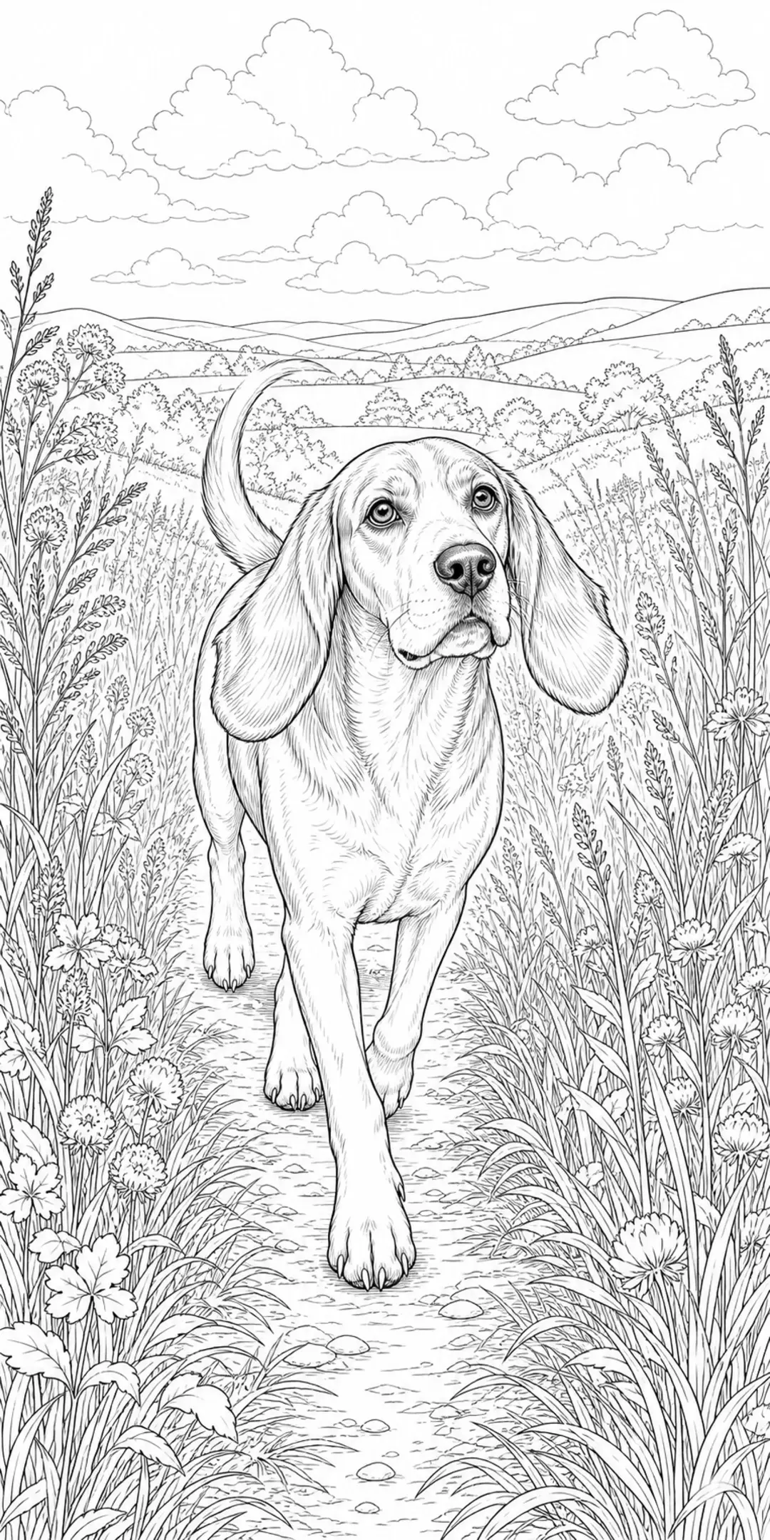 A basset hound walks along a narrow path through tall wildflowers on a black-and-white coloring page.