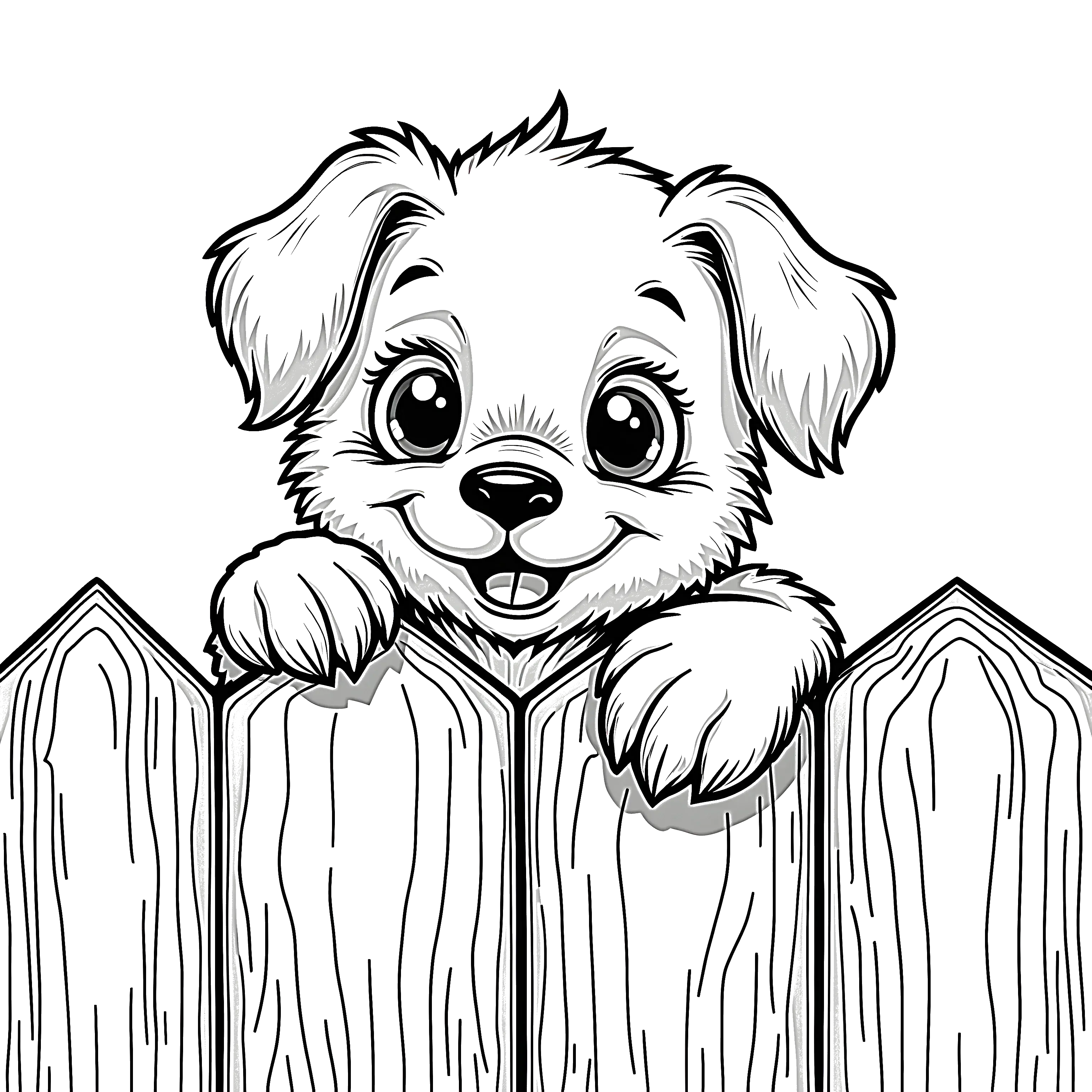 Cute puppy peeking over a wooden fence with big eyes and floppy ears coloring page