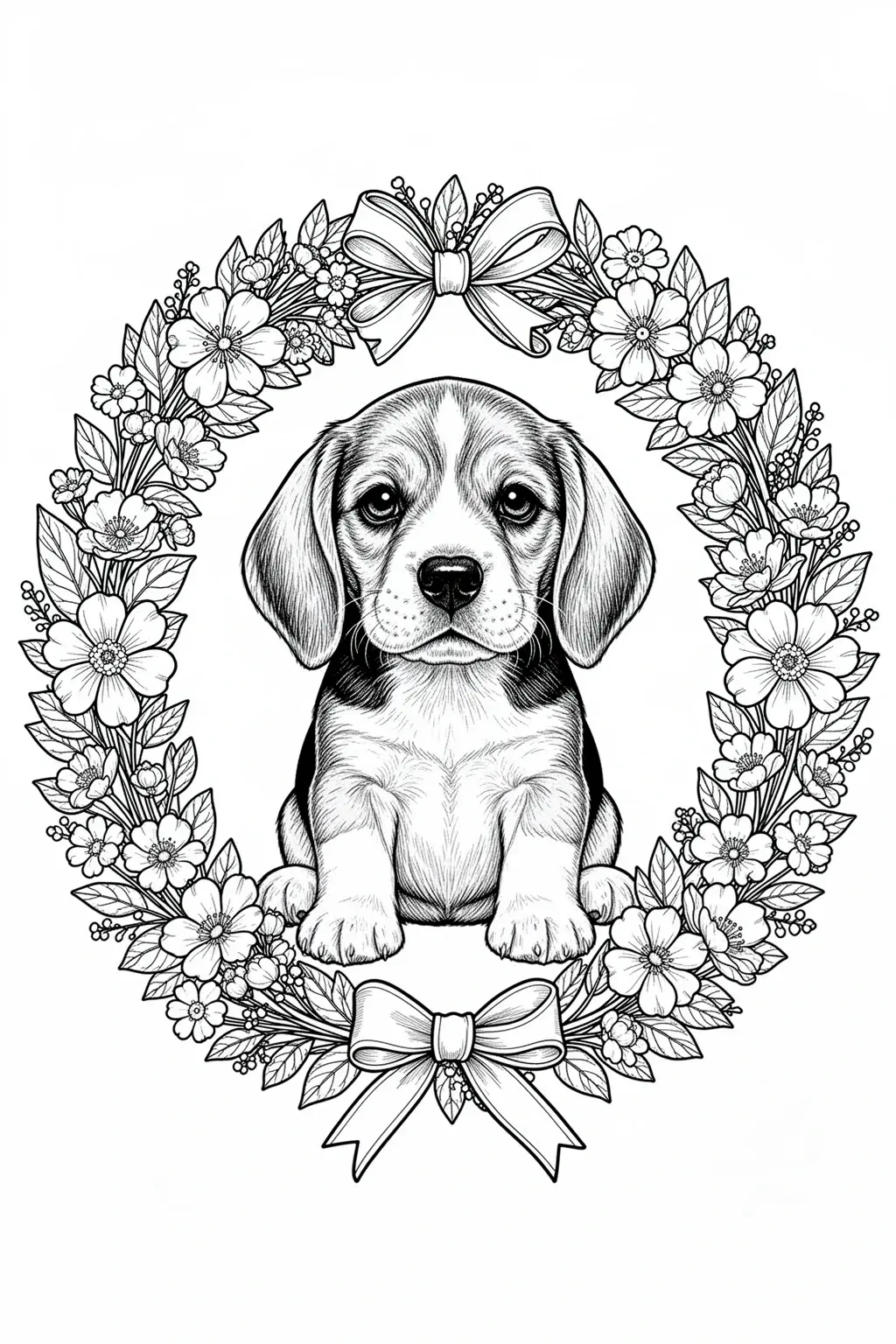Beagle in a spring flower wreath coloring page.