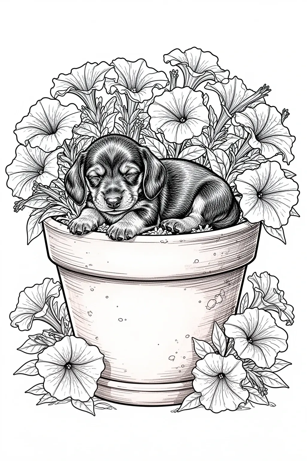Free Dachshund puppy sleeping in a flower pot coloring page.
