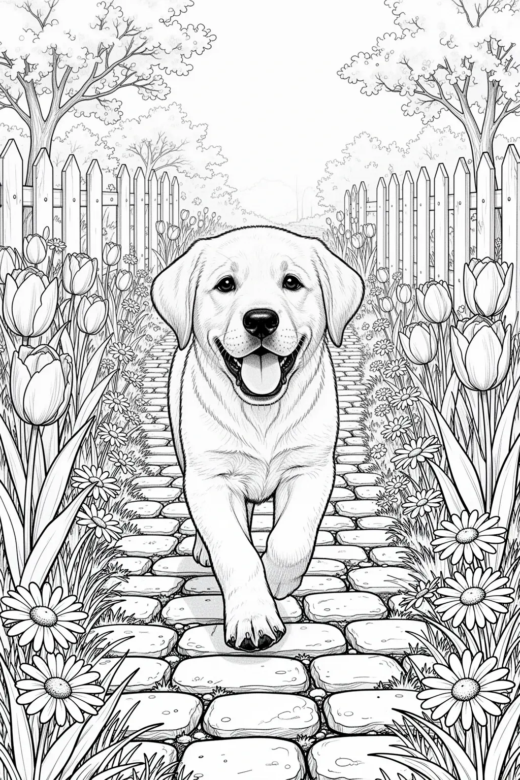 Labrador puppy walking along a blooming spring garden path coloring page.