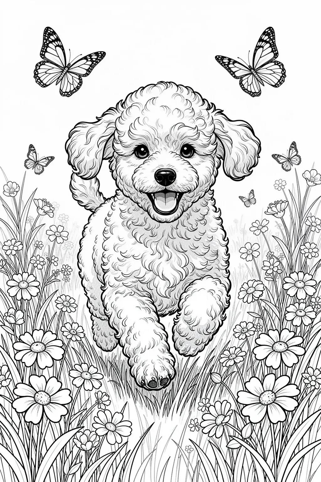 Poodle puppy running through a spring meadow coloring page.