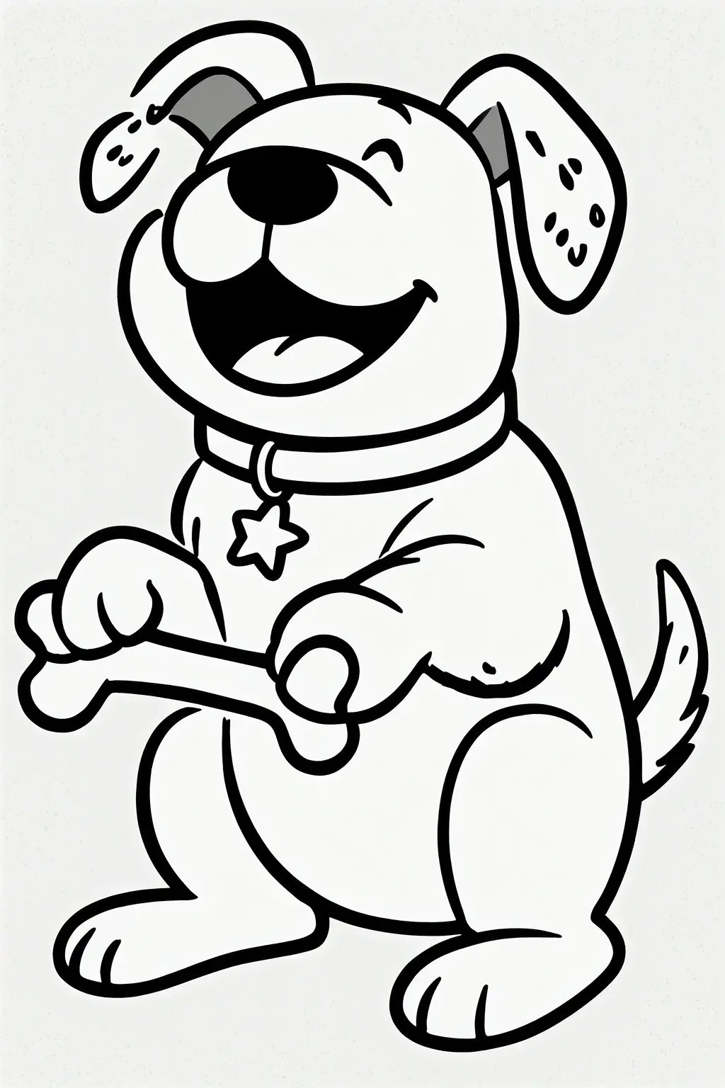 Cute puppy holding a bone in a simple black-and-white line drawing, perfect for detailed coloring page, kids' coloring page, a printable coloring page, and coloring sheets. Great for animal coloring
