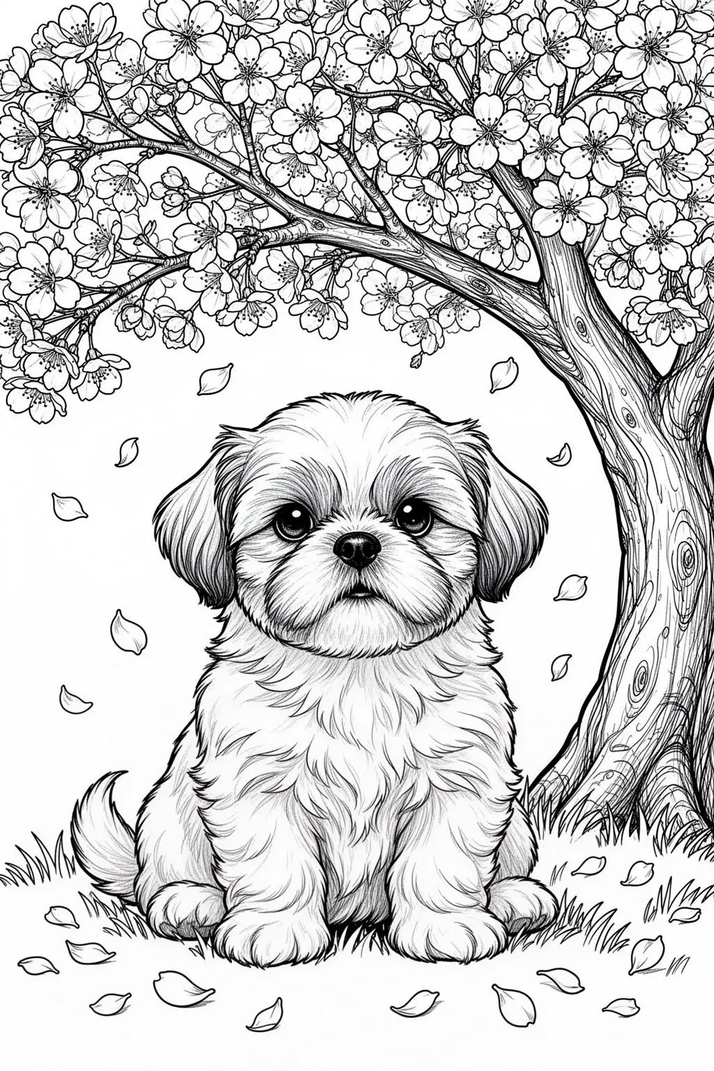 Shih Tzu under blooming cherry blossoms coloring page.