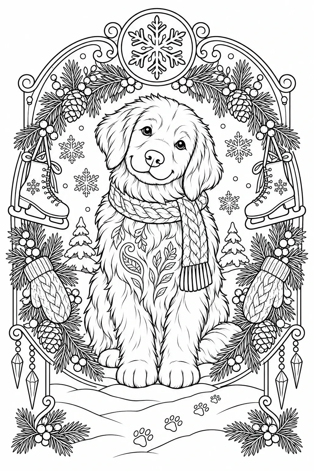 A golden retriever puppy coloring page shows a fluffy dog wearing a scarf, surrounded by snowflakes, pinecones, and ice skates.