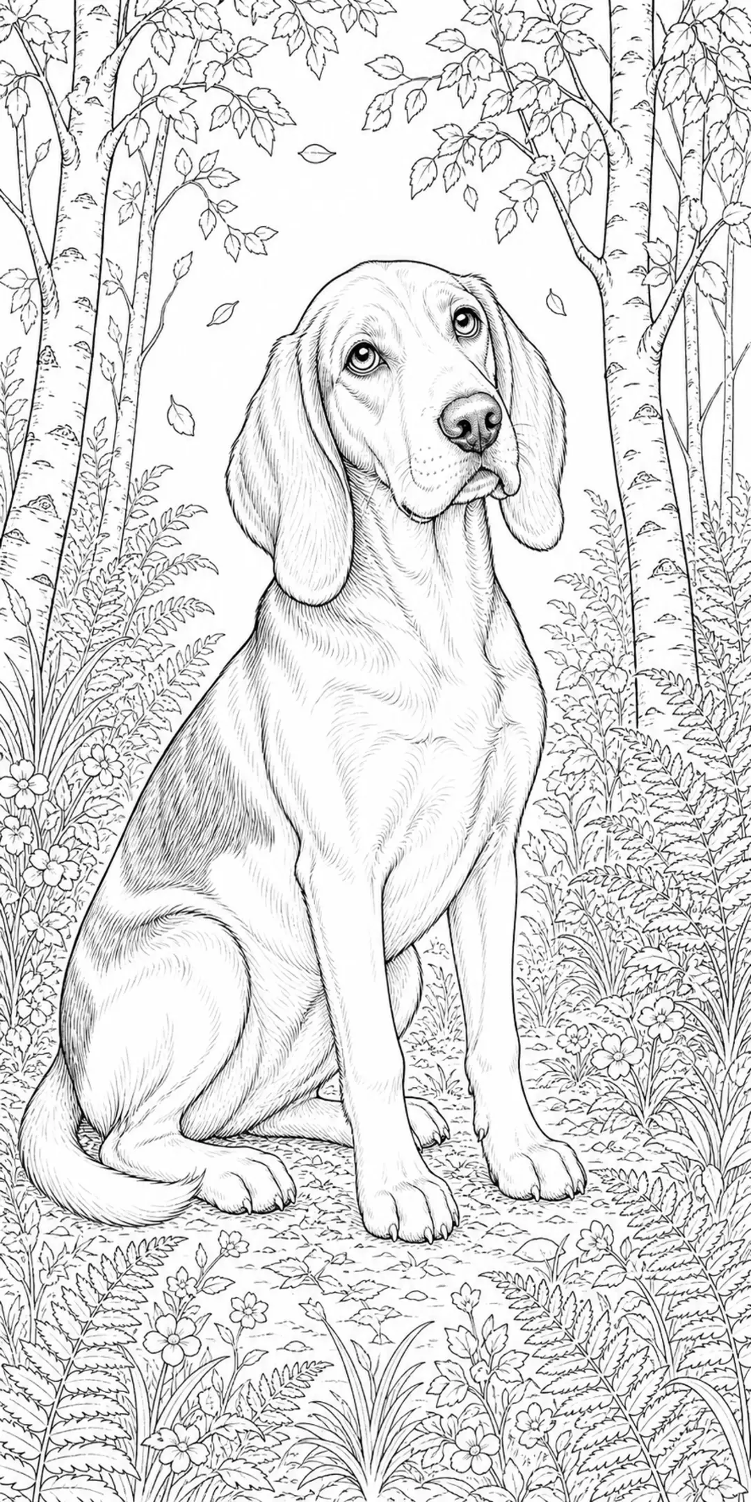 A hound dog sits in a forest scene with trees, leaves, and flowers in a coloring page.