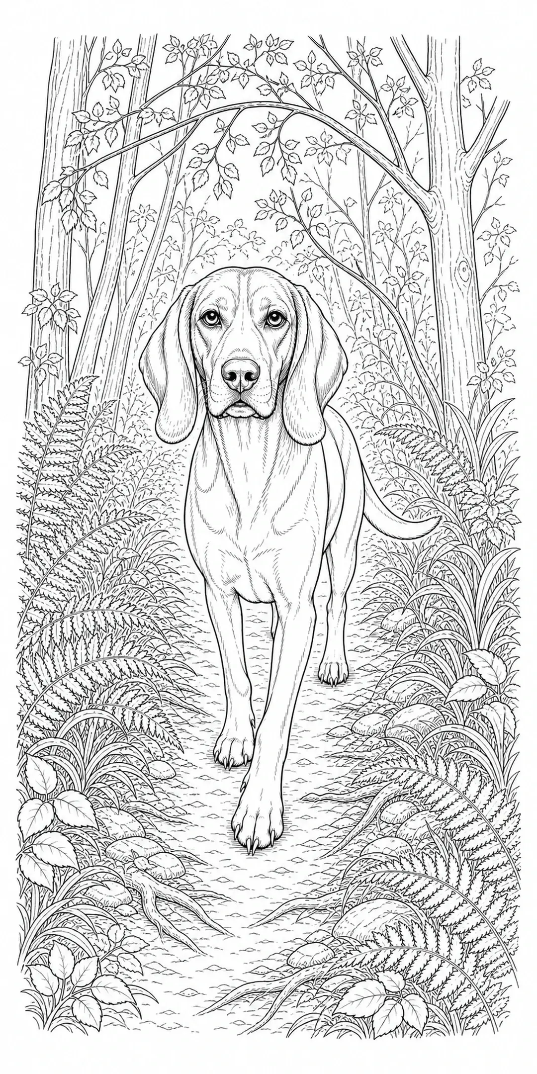 A hound dog walks along a forest path in a detailed coloring page with trees and ferns.