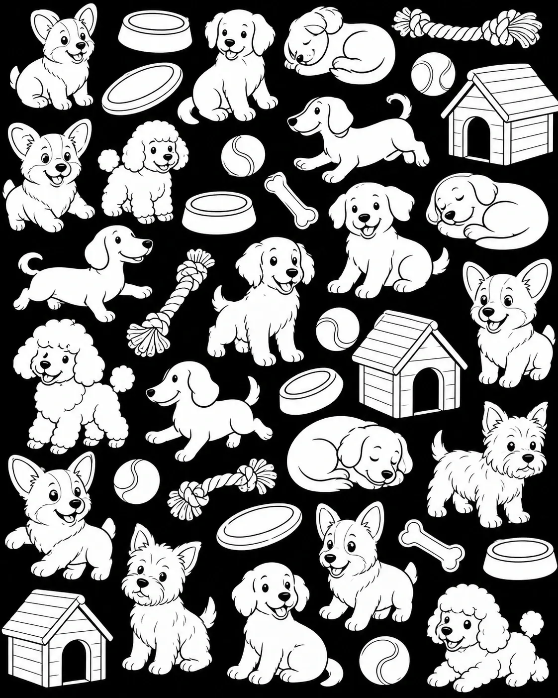 A black-and-white coloring page showing a pattern of cute puppies with dog bowls, balls, bones, rope toys, and dog houses.