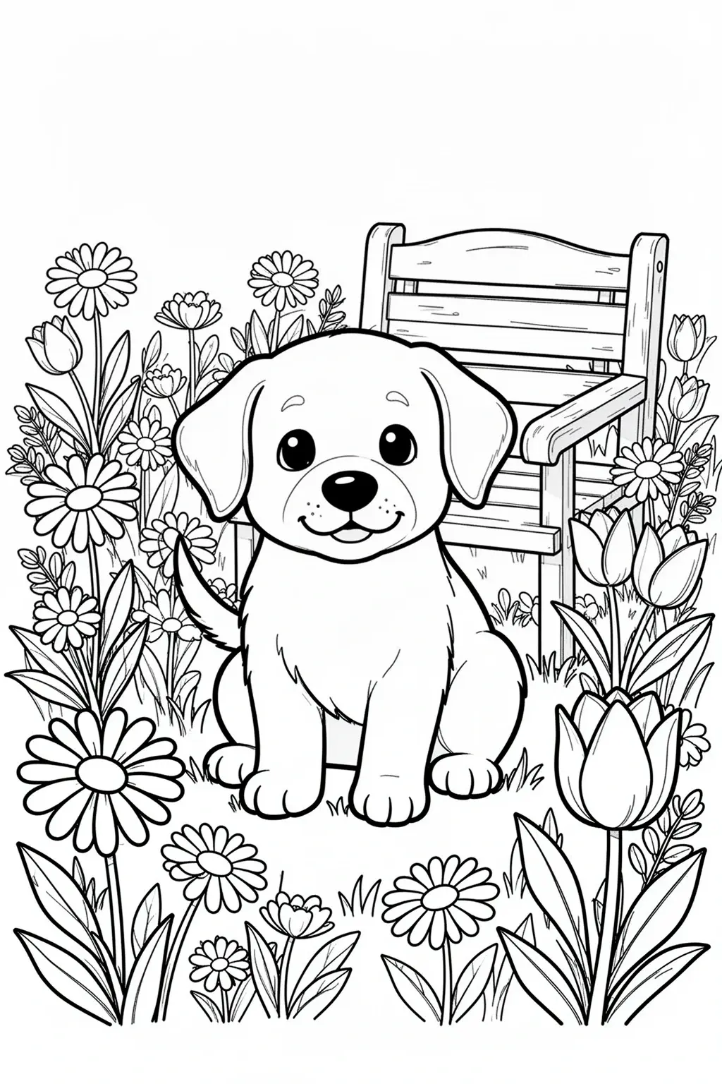 Spring puppy flower garden coloring page with blossoms, leaves, and a sweet playful dog scene.