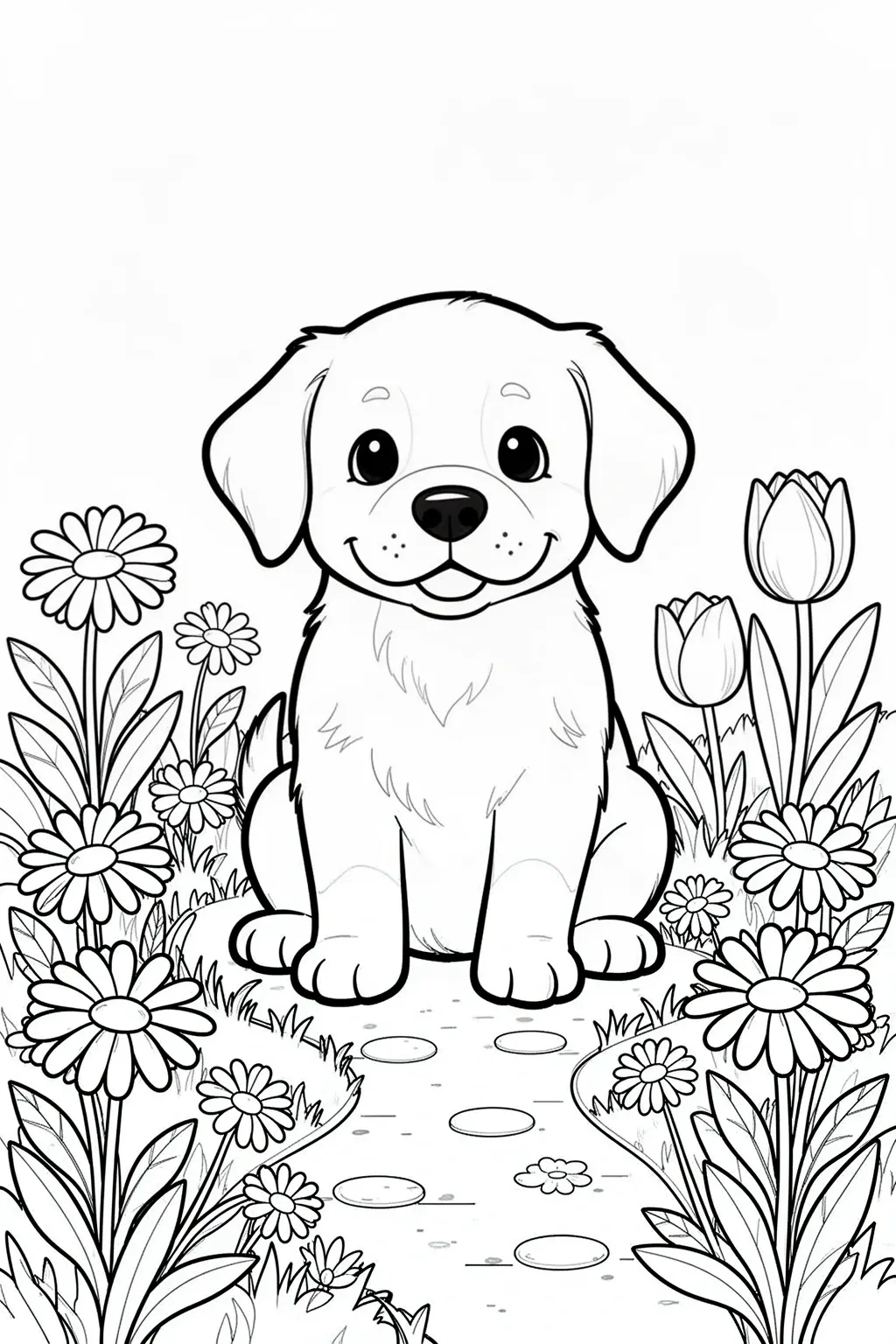 Spring Puppy Flower Garden coloring page Printable PDF.